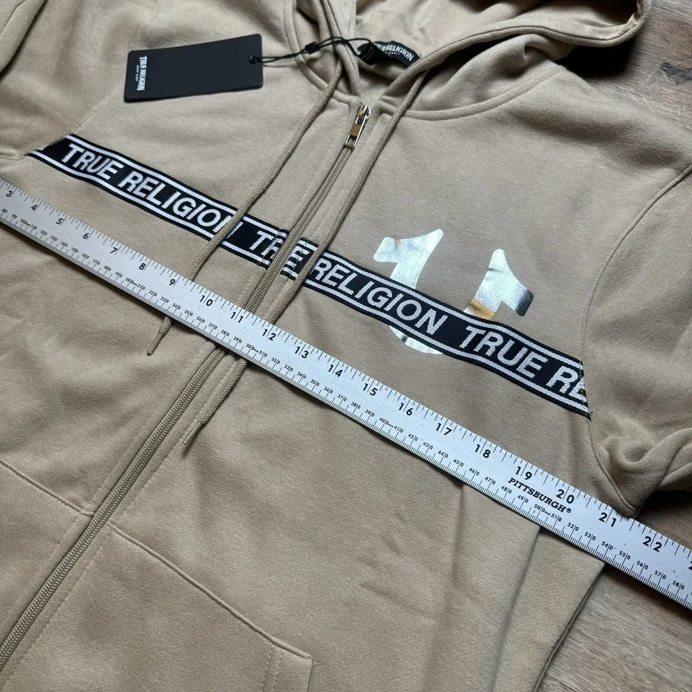 True Religion Zip Hoodie Men Medium Travertine Beige Foil Logo Taping 700315 New